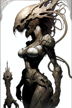 A fantasy board game card/colouring book page: Zerg queen. Mutant woman. AI-generated