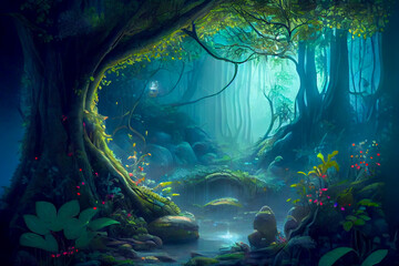 Fototapeta na wymiar Fairytale fantasy forest, ai illustration