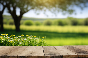 Naklejka na ściany i meble Empty wooden table surface with copy space, spring meadow background. AI 