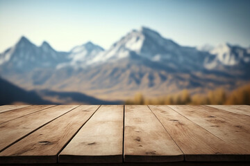 Empty wooden table surface with copy space, mountains background. AI	