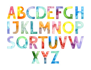 Hand drawn watercolor colored alphabet font isolated. Suitable for print, postcard, sketchbook cover, poster, stickers, your design.