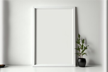 A minimalist vertical photo frame template that is blank, a white picture frame that sits next to a potted plant on a shelf, and the concept of minimalism in general