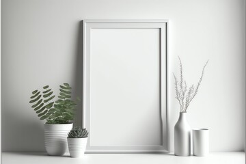 A minimalist vertical photo frame template that is blank, a white picture frame that sits next to a potted plant on a shelf, and the concept of minimalism in general