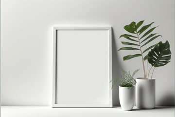 A minimalist vertical photo frame template that is blank, a white picture frame that sits next to a potted plant on a shelf, and the concept of minimalism in general