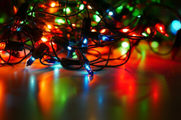 New Year's light-emitting diode garland burning in the dark close-up on a glossy surface, reflection multi-colored lights blur background