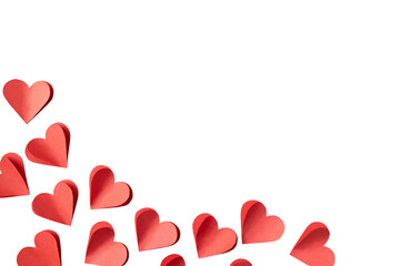 Valentine's day background with red and pink hearts like balloons on white background, flat lay, clipping path. PNG - obrazy, fototapety, plakaty