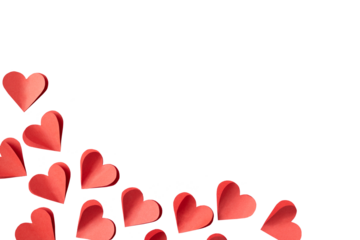 Valentine's day background with red and pink hearts like balloons on white background, flat lay, clipping path. PNG