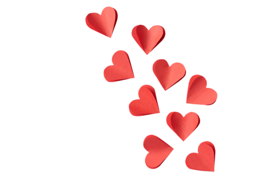 Valentine's day background with red and pink hearts like balloons on white background, flat lay, clipping path. PNG