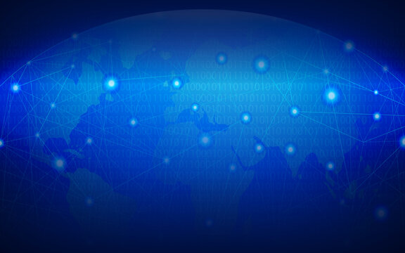 Futuristic network hologram neon line. Technology grid on global map background. Concept of Digital tech, 5G, network, global connection, communicate, internet of things. For creative design overlay