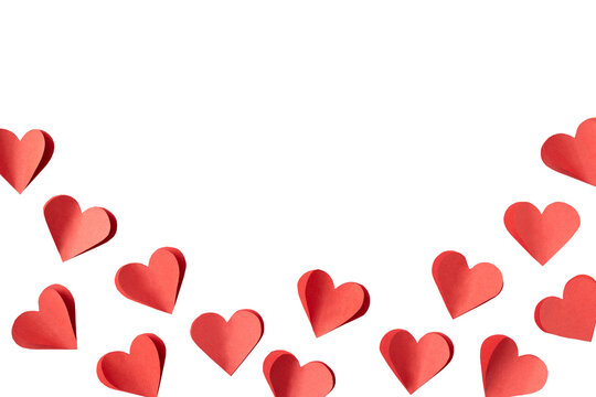Valentine's day background with red and pink hearts like balloons on white background, flat lay, clipping path. PNG