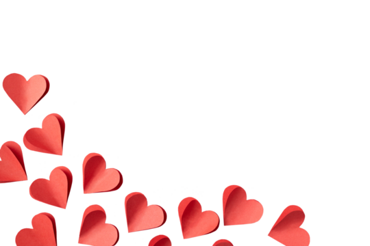 Valentine's day background with red and pink hearts like balloons on white background, flat lay, clipping path. PNG
