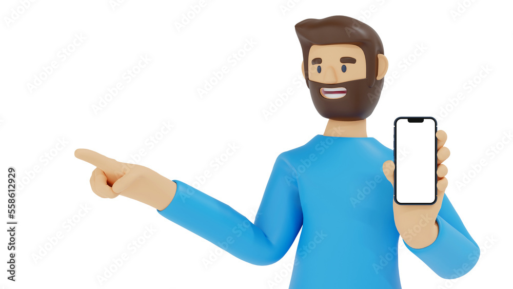 Wall mural cartoon character man show smartphone and pointing at the empty space app presentation, 3d rendering