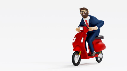 Cartoon character beard businessman riding scooter, 3D rendering.