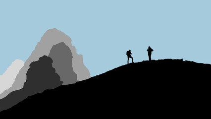 Minimalist illustration of mountain hikers