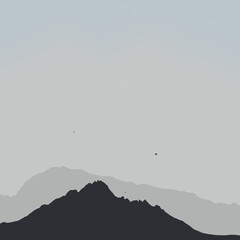Minimalist illustration of a mountain landscape with birds flying over it