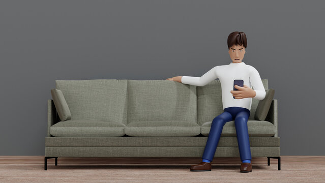Happy man sitting in armchair using smartphone online social networks or online business market, 3D rendering cartoon character.