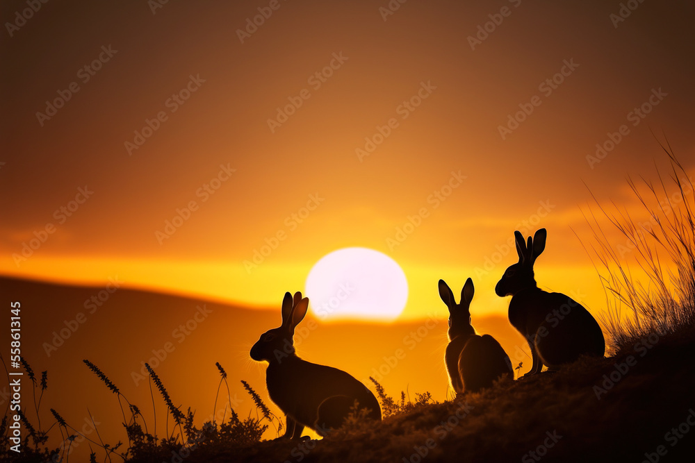 Wall mural Silhouettes of bunnies at sunset - Wall murals