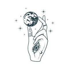 Celestial hand with all-see eye holding a planet. Hand drawn vector illustration isolated on white background.