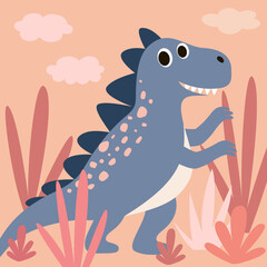 Vector children's drawing with a blue dinosaur in the grass on a pink background. Cute baby illustration perfect for baby clothes, textiles, wallpapers, nursery.