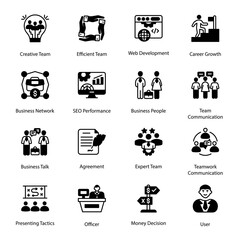 Creative Team, Efficient Team, Web Development, Career growth, Business Talk, Agreement, Expert Team, Teamwork Communication, Money Decision, User, Glyph Icons - Solid, Vectors
