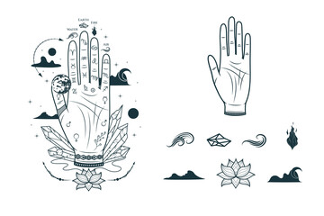 Celestial hand with planets, clouds, palmistry diagram and signs of the four elements.  Hand drawn symbol  of prediction, fortune telling. Magic mystic vector illustration for esoteric,  witchcraft