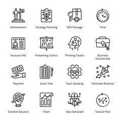 Achievement, Strategy Planning, SEO Package, Time, Payment, Exam Test, Team Building, Eliminate Rivalries, Idea Generate, Tactical Plan, Account Info Outline Icons - Stroked, Vectors