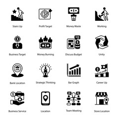Bar Graph, Career Up, Stairs Up, Profit Target, Money Waste, Working, Bank Location, Strategic Thinking, Business Service, Location, Team Meeting, Store Location, Glyph Icons - Solid, Vectors