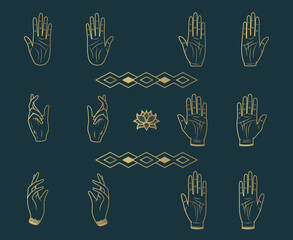 Golden set of 12 palmistry hands. Hand drawn vector illustration  isolated on black background. 