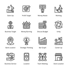 Bar Graph, Career Up, Stairs Up, Profit Target, Money Waste, Working, Bank Location, Strategic Thinking, Business Service, Location, Team Meeting, Store Location, Outline Icons - Stroked, Vectors