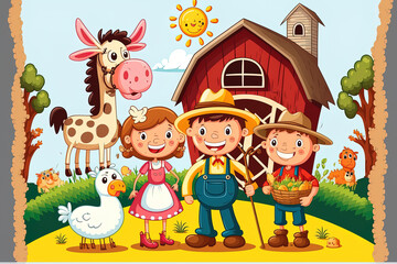 Obraz na płótnie Canvas Happy farmer and children in a cartoon artwork with farm animals. Generative AI