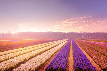 Colorful sunset or sunrise in Netherlands, hyacinth field