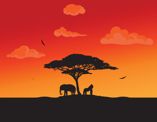 animal, por-do-sol, vida selvagem, savana, africa, angola, luanda, vetores, laranja, preto, colorido, elefante, macaco, girafa, silhueta, silhueta de animal, silhueta de animal na selva, selva, landsc