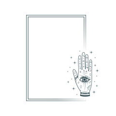 Celestial rectangular frame with palmistry hand  and all-see eye. Mystical border for witchcraft, greeting cards and invitations. Hand drawn vector illustration in boho style.