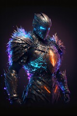 Fantasy suit of armor with orange chest plate ornament. Futuristic concept. Isolated on dark background. Generative ai.