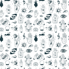 Hand drawn seamless pattern with palmistry hands, all-see eyes, mystic jar and other esoteric symbols. Vector illustration for textile, background, texture, wrapping paper, witchcraft and magic shop.