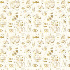 Golden Palmistry hands, all-see eyes and other esoteric symbols. Hand drawn mystical seamless pattern. Vector illustration for textile, background, texture, wrapping paper, witchcraft and magic shop