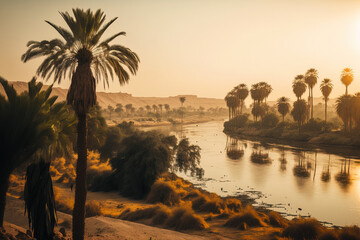 Egypt's Nile River is beside a field and palm palms. Generative AI - obrazy, fototapety, plakaty