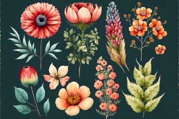 Bouquet of flowers, A group of vivid flowers. Beautiful flower elements. Watercolor illustration