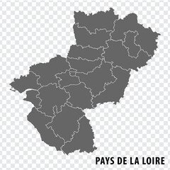 Map Pays de la Loire on transparent background.  Region Pays de la Loire of France map with  districts  in gray for your design. Vector EPS10.