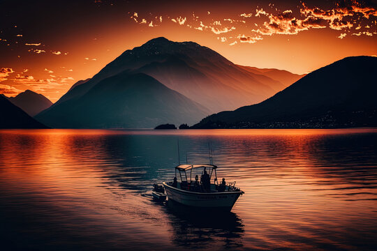 An image of a motorboat in silhouette on a lake's body at dusk, framed by mountains. Generative AI