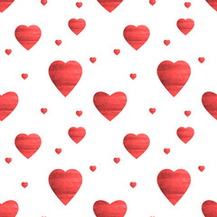 Seamless pattern for Valentine's Day. Cute hearts with watercolor texture. For printing on fabric, paper. Creating a festive interior. Vector illustration