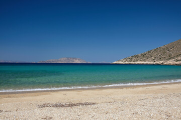 Fototapeta na wymiar The amazing sandy and turquoise beach of Agia Theodoti in Ios Cyclades Greece