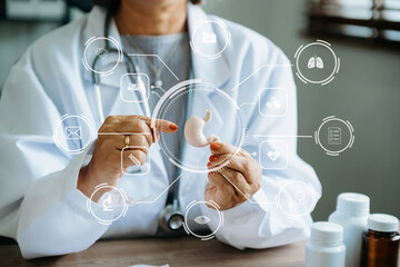 Medicine doctor woman hand working with  computer virtual dashboard as medical network concept Health care medical.