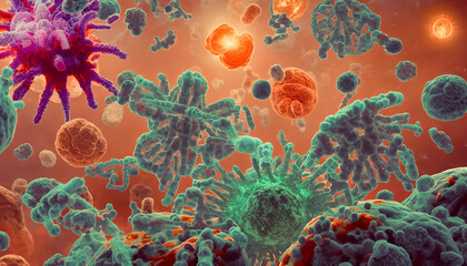 Fototapeta na wymiar Cells and viruses in the microscope. Generative AI
