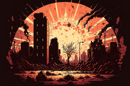City on fire, destroyed by conflict, blazing with smoke and flame abandoned damaged structures. Cartoon artwork of a post apocalyptic planet in ruins after bombing, natural catastrophe, and cat