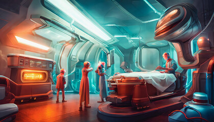 Painting depicts a futuristic hospital where mysterious medical procedures are being carried out. Generative AI
