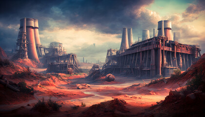 Fototapeta premium Abandoned, rusted nuclear power plant in a desolate wasteland. Generative AI
