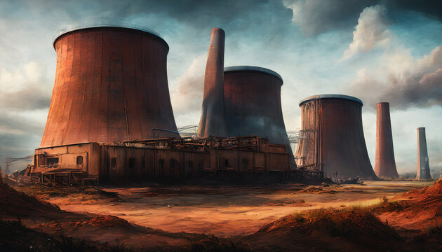 Abandoned, rusted nuclear power plant in a desolate wasteland. Generative AI