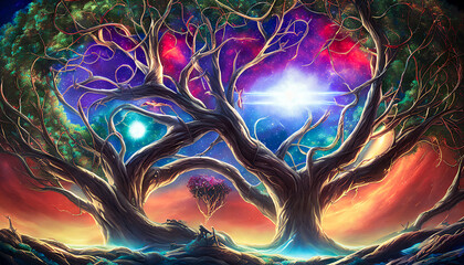 Obraz premium Abstract depiction of trees against a backdrop of a galactic sky, with an ethereal and otherworldly quality. Generative AI