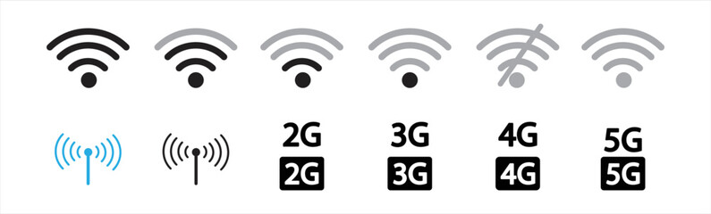 Wi-Fi icon. Wireless and Wi-Fi signal icon. Wifi and wireless signal icon symbol. Set of sign for connect of network. Wi-Fi signal strength. Level signal sign. Vector illustration.